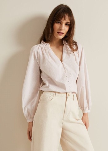 Phase Eight Seraphina Stripe Frill Shirts White Canada | PGIOMT-983